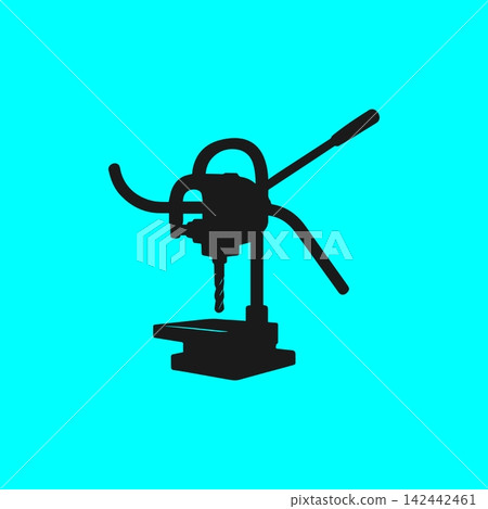 Black silhouette of a drill press vector illustration on blue background for industrial projects and workshop designs. Black silhouette of a drill press vector illustration on blue background for industrial projects and workshop designs. 142442461