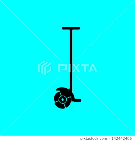Black silhouette of a manual push reel lawn mower vector illustration on blue background for gardening and yard work. Black silhouette of a manual push reel lawn mower vector illustration on blue background for gardening and yard work. 142442466