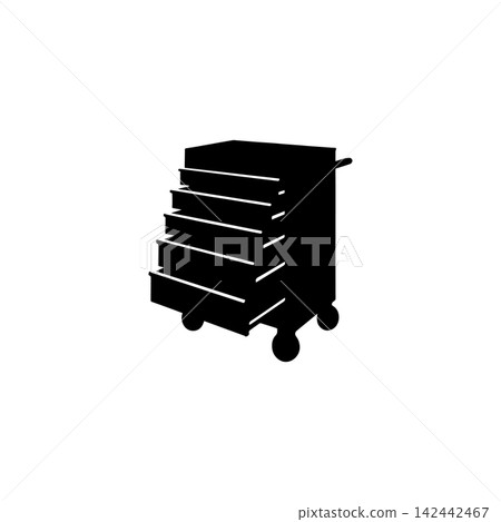 Black silhouette of a multi-drawer tool chest on wheels, with one drawer open, on a white background. Black silhouette of a multi-drawer tool chest on wheels, with one drawer open, on a white background. 142442467