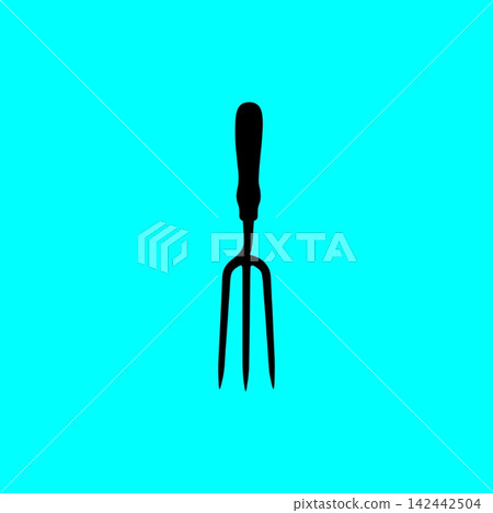 Garden hand fork tool black silhouette icon on cyan background for soil cultivation and weeding. Garden hand fork tool black silhouette icon on cyan background for soil cultivation and weeding. 142442504