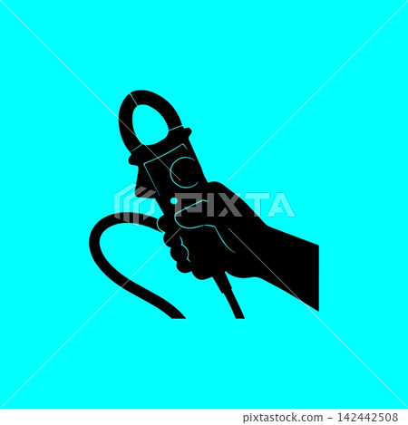 Hand holding a black clamp meter for electrical measurement illustration on a bright cyan background. Hand holding a black clamp meter for electrical measurement illustration on a bright cyan background. 142442508