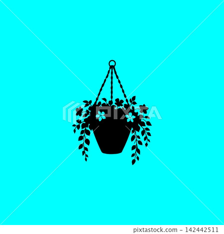 Hanging flower pot silhouette with trailing plants and blooming petals for interior and garden decoration. Hanging flower pot silhouette with trailing plants and blooming petals for interior and garden decoration. 142442511