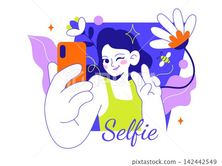 Selfie Vector Illustration Featuring Happy Friends Taking Photos, Smartphone Photography, Social Media Sharing and Modern Digital Lifestyle 142442549