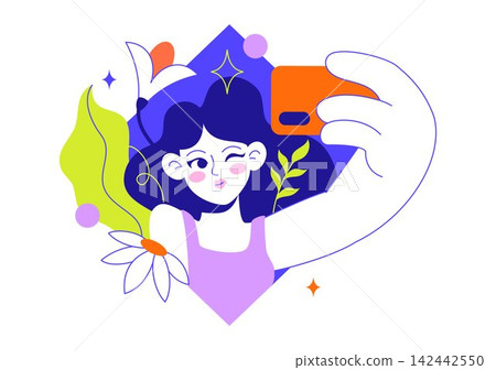 Selfie Vector Illustration Featuring Happy Friends Taking Photos, Smartphone Photography, Social Media Sharing and Modern Digital Lifestyle 142442550