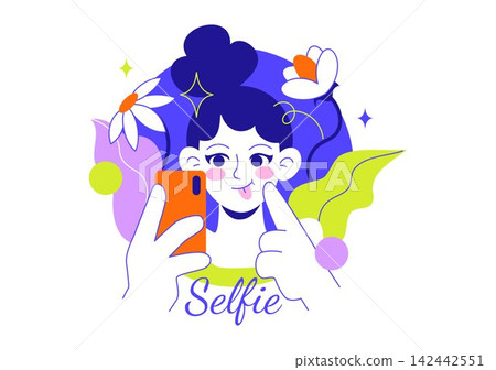 Selfie Vector Illustration Featuring Happy Friends Taking Photos, Smartphone Photography, Social Media Sharing and Modern Digital Lifestyle Selfie Vector Illustration Featuring Happy Friends Taking Photos, Smartphone Photography, Social Media Sharing and Modern Digital Lifestyle 142442551