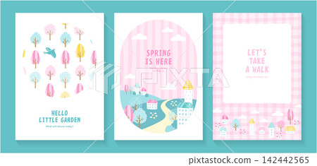 Three vertical posters depicting a spring garden and a small town. 142442565