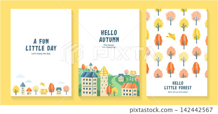 Three vertical posters depicting autumn cityscapes and trees. Three vertical posters depicting autumn cityscapes and trees. 142442567