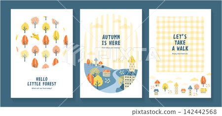 A set of three vertical cards featuring autumn forests and cityscapes. A set of three vertical cards featuring autumn forests and cityscapes. 142442568
