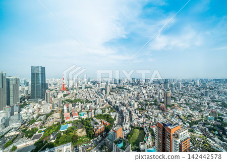 Panoramic aerial view of tokyo tower and cityscape skyline under clear blue sky in Roppongi hills, japan with copy space Panoramic aerial view of tokyo tower and cityscape skyline under clear blue sky in Roppongi hills, japan with copy space 142442578