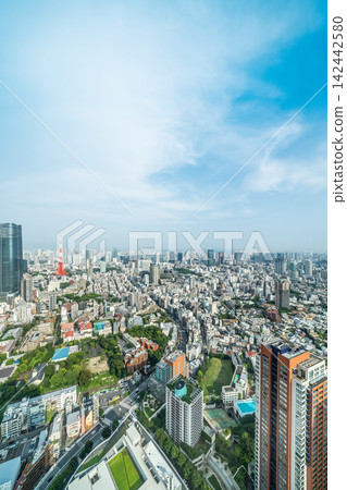Panoramic aerial view of tokyo tower and cityscape skyline under clear blue sky in Roppongi hills, japan with copy space Panoramic aerial view of tokyo tower and cityscape skyline under clear blue sky in Roppongi hills, japan with copy space 142442580