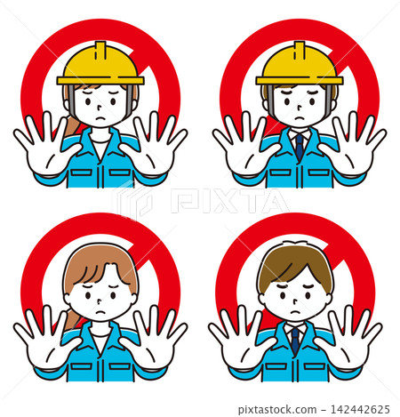 A set of illustrations of a man and a woman in work clothes with their arms outstretched, wearing helmets. A set of illustrations of a man and a woman in work clothes with their arms outstretched, wearing helmets. 142442625