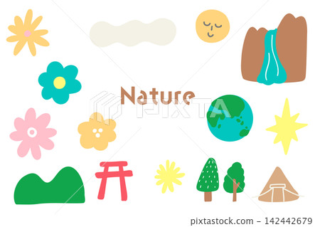 一組可愛的手繪自然、花卉和地球插圖。 142442679
