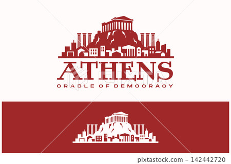 Red and white Athens city skyline icon showcasing ancient ruins historic temple landmark and cradle of democracy concept vector design inspiration Red and white Athens city skyline icon showcasing ancient ruins historic temple landmark and cradle of democracy concept vector design inspiration 142442720