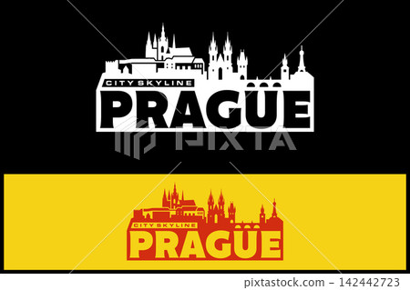 Bold Prague text logo integrated with castle and cathedral skyline silhouette design in white and red colorways vector design inspiration Bold Prague text logo integrated with castle and cathedral skyline silhouette design in white and red colorways vector design inspiration 142442723