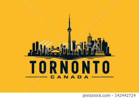 Sleek black Toronto city skyline vector graphic with CN Tower silhouette reflecting on water for travel vector design inspiration Sleek black Toronto city skyline vector graphic with CN Tower silhouette reflecting on water for travel vector design inspiration 142442724