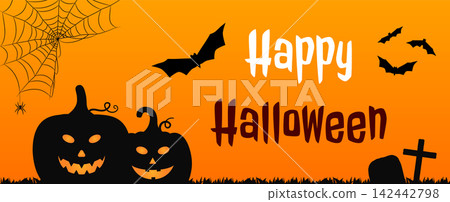 Happy Halloween Banner with Pumpkin and Bats Happy Halloween Banner with Pumpkin and Bats 142442798