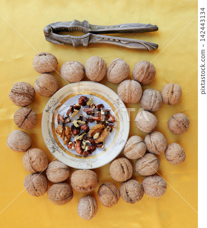 different nuts on a yellow background 142443134