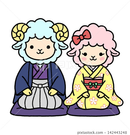 A sheep brother and sister sitting in the seiza position. A sheep brother and sister sitting in the seiza position. 142443248