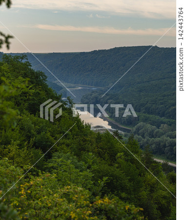 Dniester River meander in the canyon hills of Ukraine during summer Dniester River meander in the canyon hills of Ukraine during summer 142443764