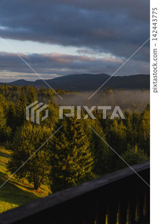 Cloudy sky over mountains and forests in a valley landscape Cloudy sky over mountains and forests in a valley landscape 142443775