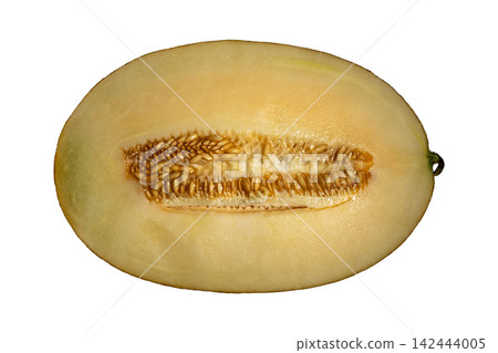 Fresh halved honeydew melon showing seeds cavity and orange flesh Fresh halved honeydew melon showing seeds cavity and orange flesh 142444005