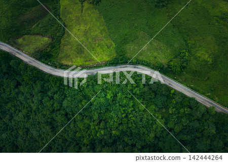 Top-down aerial view of a winding road going through dense green forest and mountain landscape. Top-down aerial view of a winding road going through dense green forest and mountain landscape. 142444264