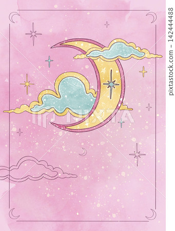 Hand drawn watercolor esoteric card template with copy space. Mystical yellow crescent moon and mint clouds on pink starry background. Graphic sacred geometry for tarot, affirmation cards and posters Hand drawn watercolor esoteric card template with copy space. Mystical yellow crescent moon and mint clouds on pink starry background. Graphic sacred geometry for tarot, affirmation cards and posters 142444488