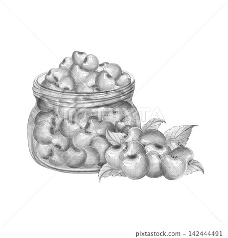 Hand-drawn pencil sketch of mason jar filled with fresh cherries. Illustration on white for artisanal jam packaging, recipe books and organic food branding, rustic, culinary designs Hand-drawn pencil sketch of mason jar filled with fresh cherries. Illustration on white for artisanal jam packaging, recipe books and organic food branding, rustic, culinary designs 142444491