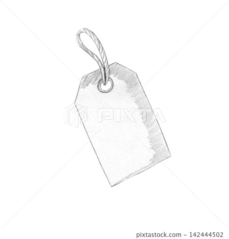 Blank hand-drawn pencil sketch of paper tag with string loop, isolated on white background as rustic label mockup for craft shops and product branding, custom text, pricing, packaging and designs Blank hand-drawn pencil sketch of paper tag with string loop, isolated on white background as rustic label mockup for craft shops and product branding, custom text, pricing, packaging and designs 142444502