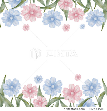 Watercolor floral border with illustration pink and blue blossoms, daisy, central space for text on white background. Mockup spring wedding banners, garden party, romantic greeting cards, packaging Watercolor floral border with illustration pink and blue blossoms, daisy, central space for text on white background. Mockup spring wedding banners, garden party, romantic greeting cards, packaging 142444503