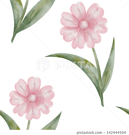 Seamless watercolor pattern with pink flowers with green stems and leaves on white background. For nursery wallpaper, cosmetics packaging and textile designs, botanical backdrop, holiday Seamless watercolor pattern with pink flowers with green stems and leaves on white background. For nursery wallpaper, cosmetics packaging and textile designs, botanical backdrop, holiday 142444504