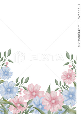 Vertical watercolor floral border frame with illustrations blue and pink flowers, daisy, cosmos at the bottom, isolated on white background with copy-space for romantic card designs, packaging Vertical watercolor floral border frame with illustrations blue and pink flowers, daisy, cosmos at the bottom, isolated on white background with copy-space for romantic card designs, packaging 142444505