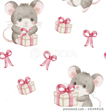 Seamless watercolor pattern with illustrations cute grey mouse characters with gift boxes and pink bows on white background. For nursery textiles and festive wrapping paper, birthday party, packaging Seamless watercolor pattern with illustrations cute grey mouse characters with gift boxes and pink bows on white background. For nursery textiles and festive wrapping paper, birthday party, packaging 142444528