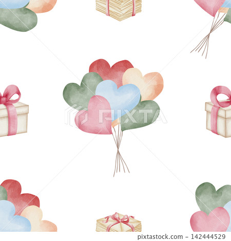 Seamless watercolor pattern with multicolor heart balloons and gift boxes, bow, on white background. For festive birthday wrapping paper, Valentine's Day textiles, and romantic nursery wallpaper Seamless watercolor pattern with multicolor heart balloons and gift boxes, bow, on white background. For festive birthday wrapping paper, Valentine's Day textiles, and romantic nursery wallpaper 142444529