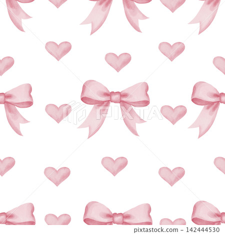 Seamless watercolor pattern with pink bows and hearts on white background, Illustrations for romantic Valentine designs, nursery wallpaper, and girls fabric prints, baby shower and packaging Seamless watercolor pattern with pink bows and hearts on white background, Illustrations for romantic Valentine designs, nursery wallpaper, and girls fabric prints, baby shower and packaging 142444530