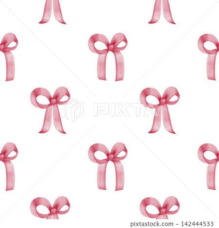 Seamless watercolor pattern of minimalist pink bows and ribbons on white background, perfect for romantic wedding designs, nursery wallpaper, girls textile prints, valentines card, party invitations Seamless watercolor pattern of minimalist pink bows and ribbons on white background, perfect for romantic wedding designs, nursery wallpaper, girls textile prints, valentines card, party invitations 142444533