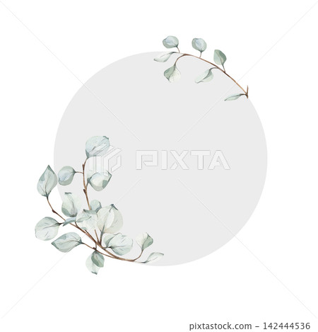Frame with delicate watercolor eucalyptus leaves, light grey circle, soft botanical illustration for elegant wedding invitations or rustic design templates, cosmetics packaging, copy space Frame with delicate watercolor eucalyptus leaves, light grey circle, soft botanical illustration for elegant wedding invitations or rustic design templates, cosmetics packaging, copy space 142444536