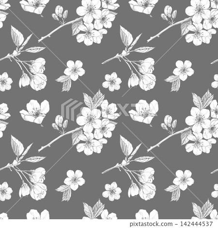 Seamless pattern hand-drawn pencil sketches of cherry blossom branches and flowers on grey background, for vintage monochrome botanical textiles and rustic wedding decor, wallpaper. Seamless pattern hand-drawn pencil sketches of cherry blossom branches and flowers on grey background, for vintage monochrome botanical textiles and rustic wedding decor, wallpaper. 142444537