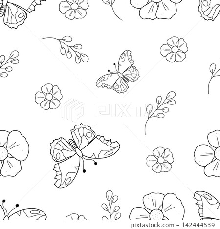 Seamless black and white line art pattern with butterfly and flower outlines. Cute vector illustration for kids' coloring books, printable botanical textiles, and creative spring wallpaper designs Seamless black and white line art pattern with butterfly and flower outlines. Cute vector illustration for kids' coloring books, printable botanical textiles, and creative spring wallpaper designs 142444539