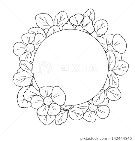 Black and white line art frame with circular floral border, flowers and foliage, cute vector illustration for kids' coloring pages, printable wedding invitations, and copy space invitation templates 142444540