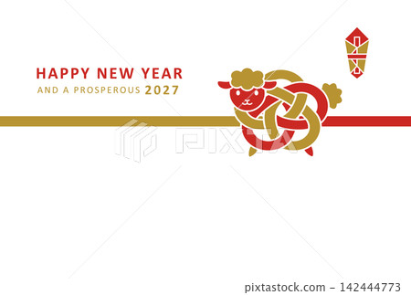 2027羊年新年賀卡設計:可愛的小羊,紅色和金色的梅花圖案,水引風格 2027羊年新年賀卡設計:可愛的小羊,紅色和金色的梅花圖案,水引風格 142444773