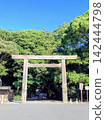 藍天白雲，白色木製鳥居。 142444798
