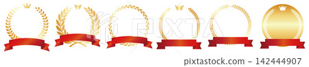 A set of six luxurious and glossy gold laurel and red ribbon frame materials (emblem, crown, gold medal). A set of six luxurious and glossy gold laurel and red ribbon frame materials (emblem, crown, gold medal). 142444907