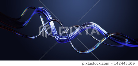 Blue glass streamline 3D wave lines flowing on dark render background. Abstract transparent spiral ribbons with light refractions. Dynamic liquid flow curved shapes, water splashes. 3D illustration 142445109