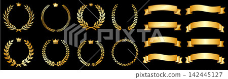 A gorgeous gold laurel wreath, crown, and ribbon banner decoration set that beautifully complements rich designs! A gorgeous gold laurel wreath, crown, and ribbon banner decoration set that beautifully complements rich designs! 142445127