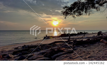 Golden Sunset over Sea Beach with Rocky Shoreline Golden Sunset over Sea Beach with Rocky Shoreline 142445162