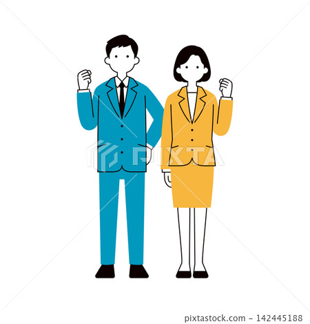 A set of simple full-body vector illustrations of a businessman and businesswoman making a victory pose. 142445188