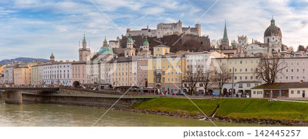 Salzburg Old Town Panorama with Hohensalzburg Fortress, Austria 142445257