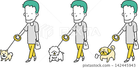 一幅描繪男子遛小狗的插圖。 一幅描繪男子遛小狗的插圖。 142445943