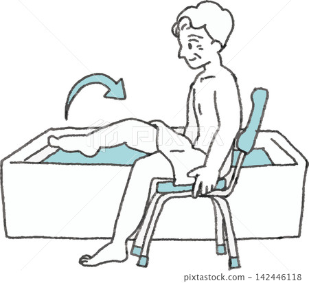 A two-color illustration of a senior citizen safely entering the bathtub using a shower chair. A two-color illustration of a senior citizen safely entering the bathtub using a shower chair. 142446118